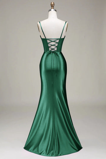 Dark Green Mermaid Spaghetti Straps Corset Ball Dress with Split Front
